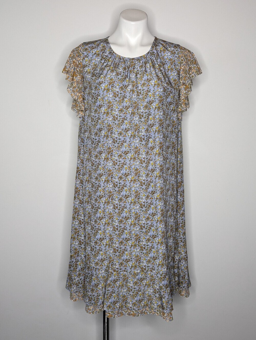 Ann Taylor Blue Yellow Ditsy Floral Ruffle Cap Sleeve Knee Length Trapeze Dress